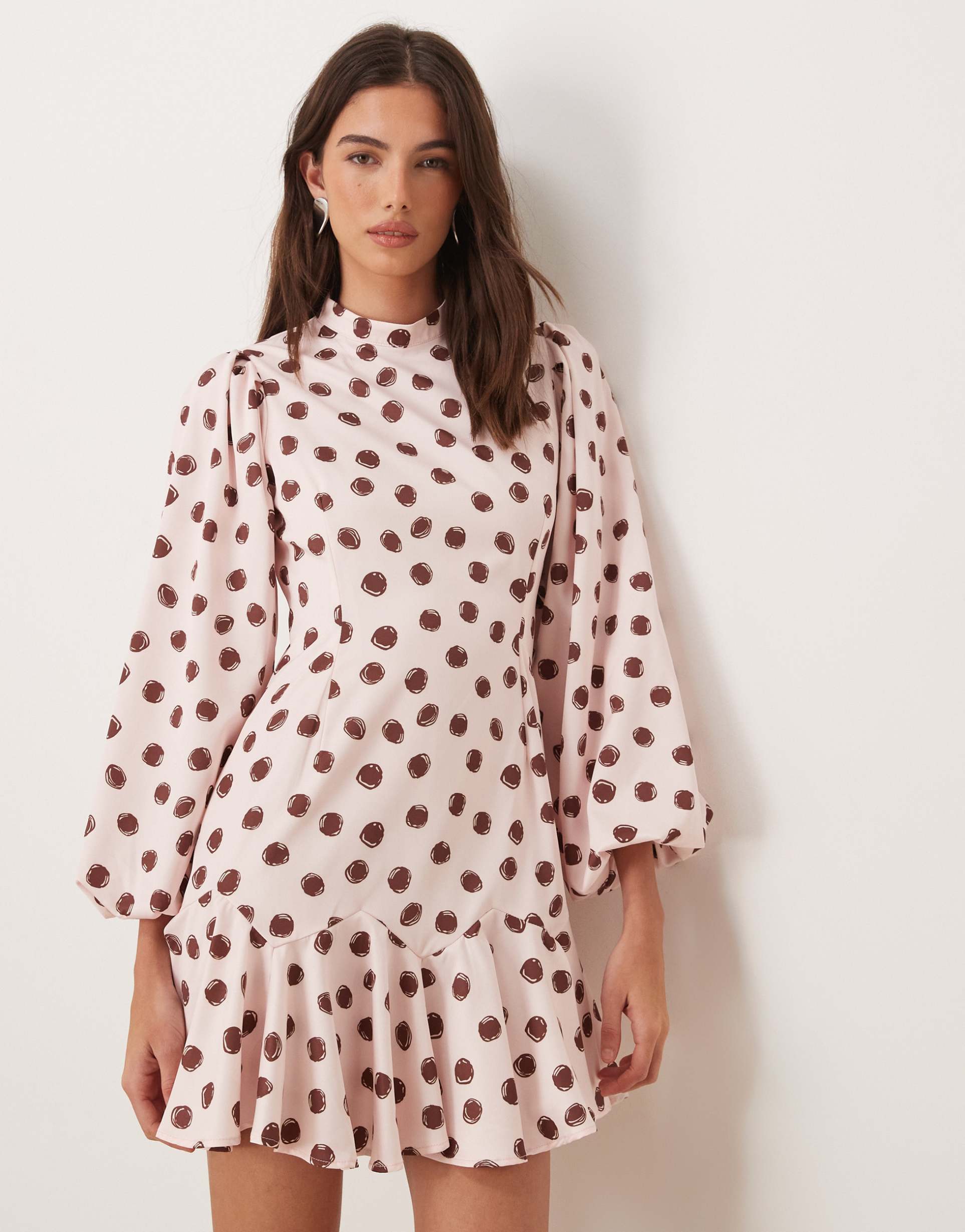 sister jane exclusive high neck balloon sleeve dropped ruffle hem mini dress in pink polka-dot print