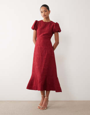 Sister Jane Exclusive Jacquard Puff Sleeve Structured Hem Midi Dress In Burgundy