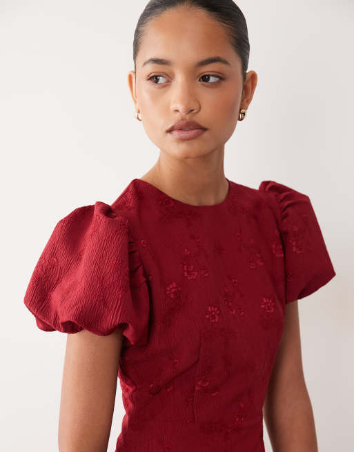 Sister Jane exclusive jacquard puff sleeve structured hem midi dress in burgundy, 3 of 4