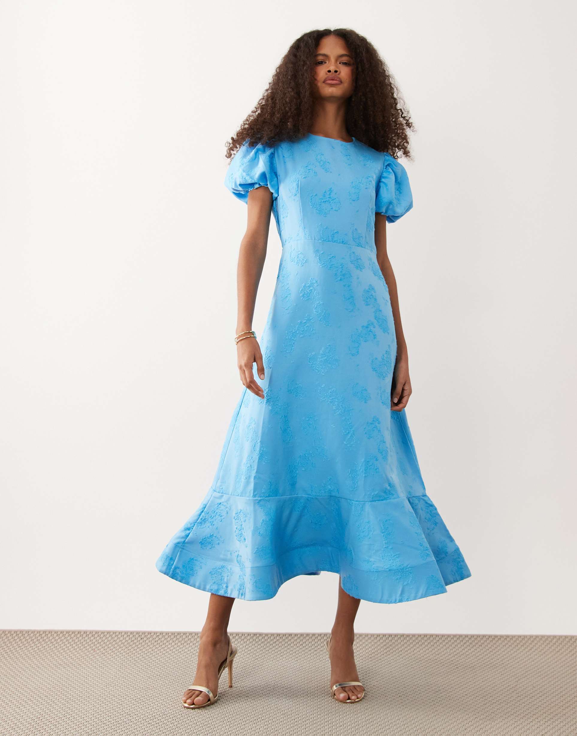 sister jane exclusive jacquard puff sleeve structured hem midi dress in light blue