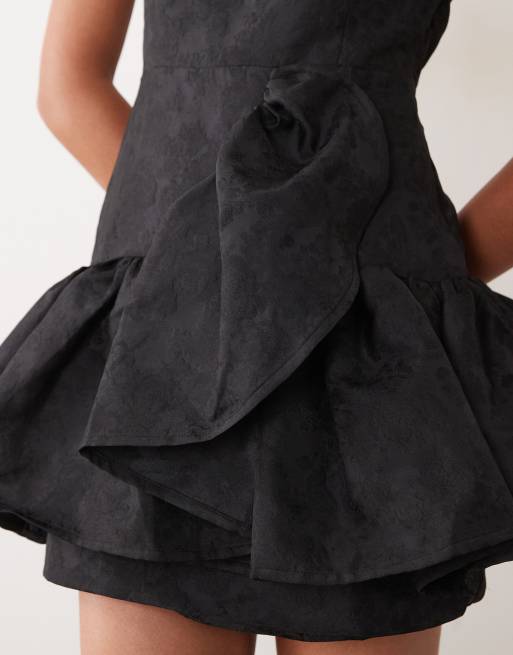 Sister Jane exclusive jacquard ruffle mini dress with diamond back cut out in black, 3 of 4