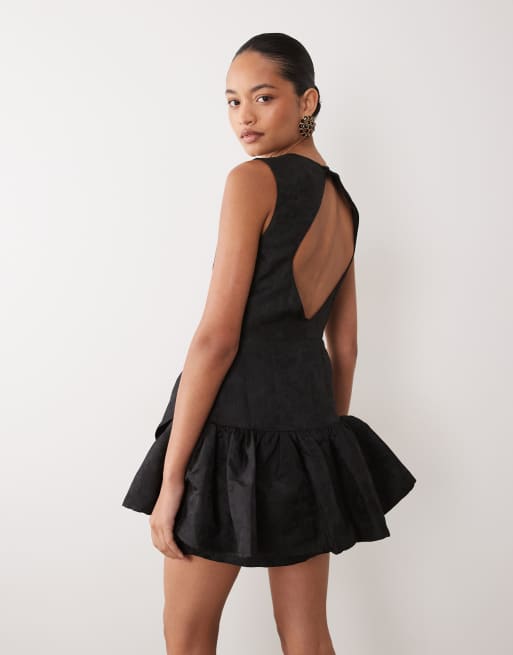 Sister Jane exclusive jacquard ruffle mini dress with diamond back cut out in black, 4 of 4