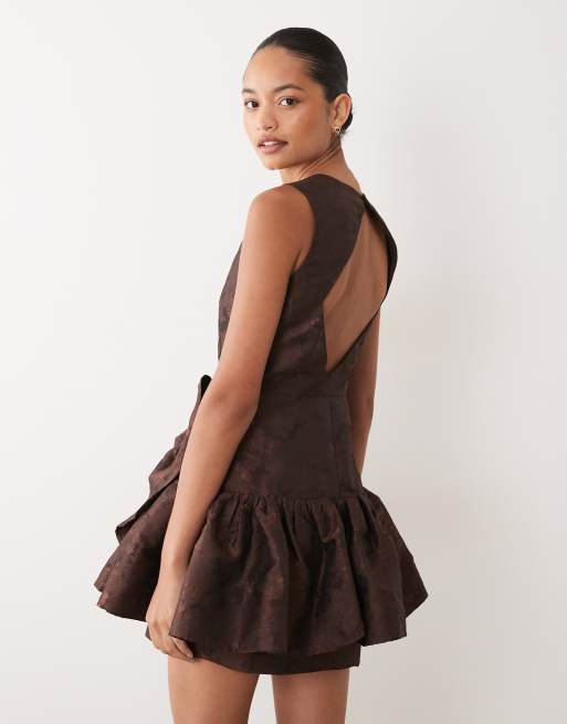 Sister Jane exclusive jacquard ruffle mini dress with diamond back cut out in chocolate, 2 of 4