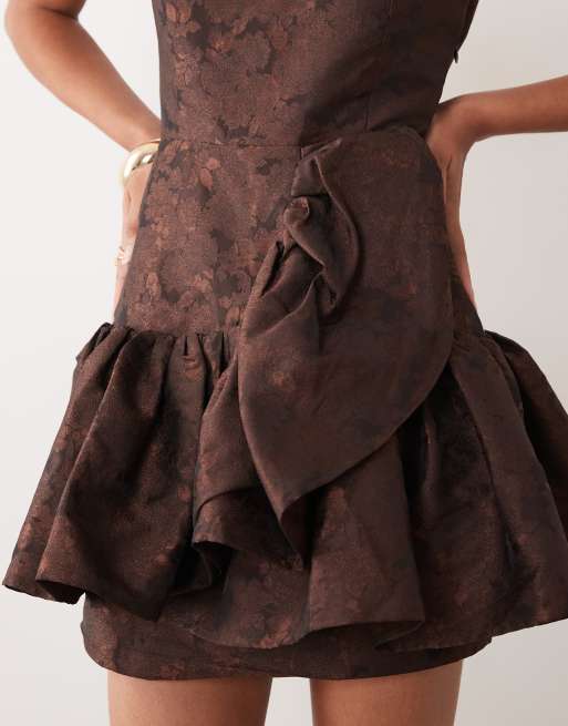 Sister Jane exclusive jacquard ruffle mini dress with diamond back cut out in chocolate, 3 of 4