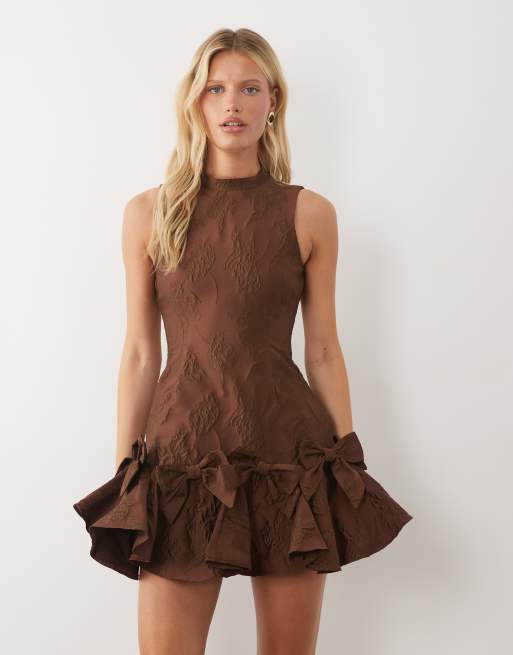 Sister Jane exclusive jacquard sleeveless cinched waist bow hem mini dress in chocolate, 2 of 4