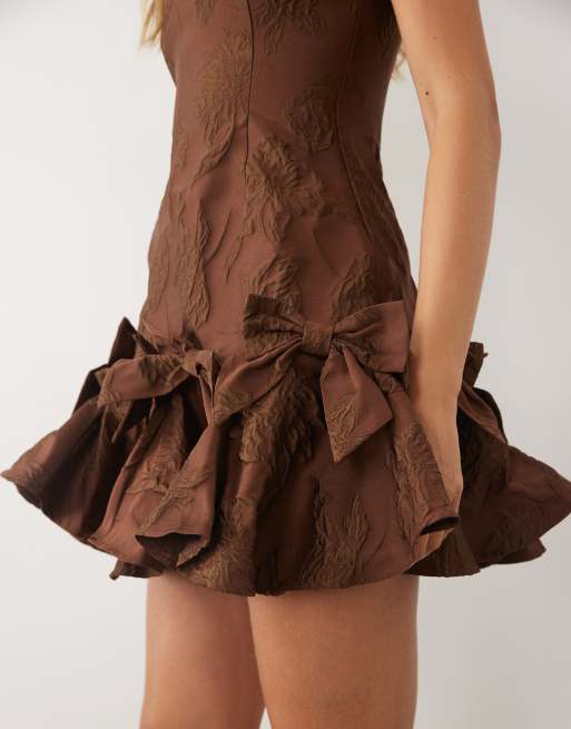 Sister Jane exclusive jacquard sleeveless cinched waist bow hem mini dress in chocolate, 3 of 4