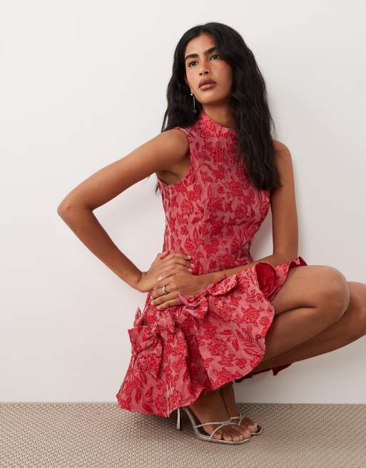 Sister Jane exclusive jacquard sleeveless cinched waist bow hem
