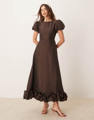 Sister Jane Exclusive Puff Sleeve Bubble Hem Maxi Dress In Chocolate Brown