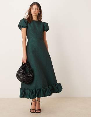 exclusive puff sleeve bubble hem midaxi dress in forest green