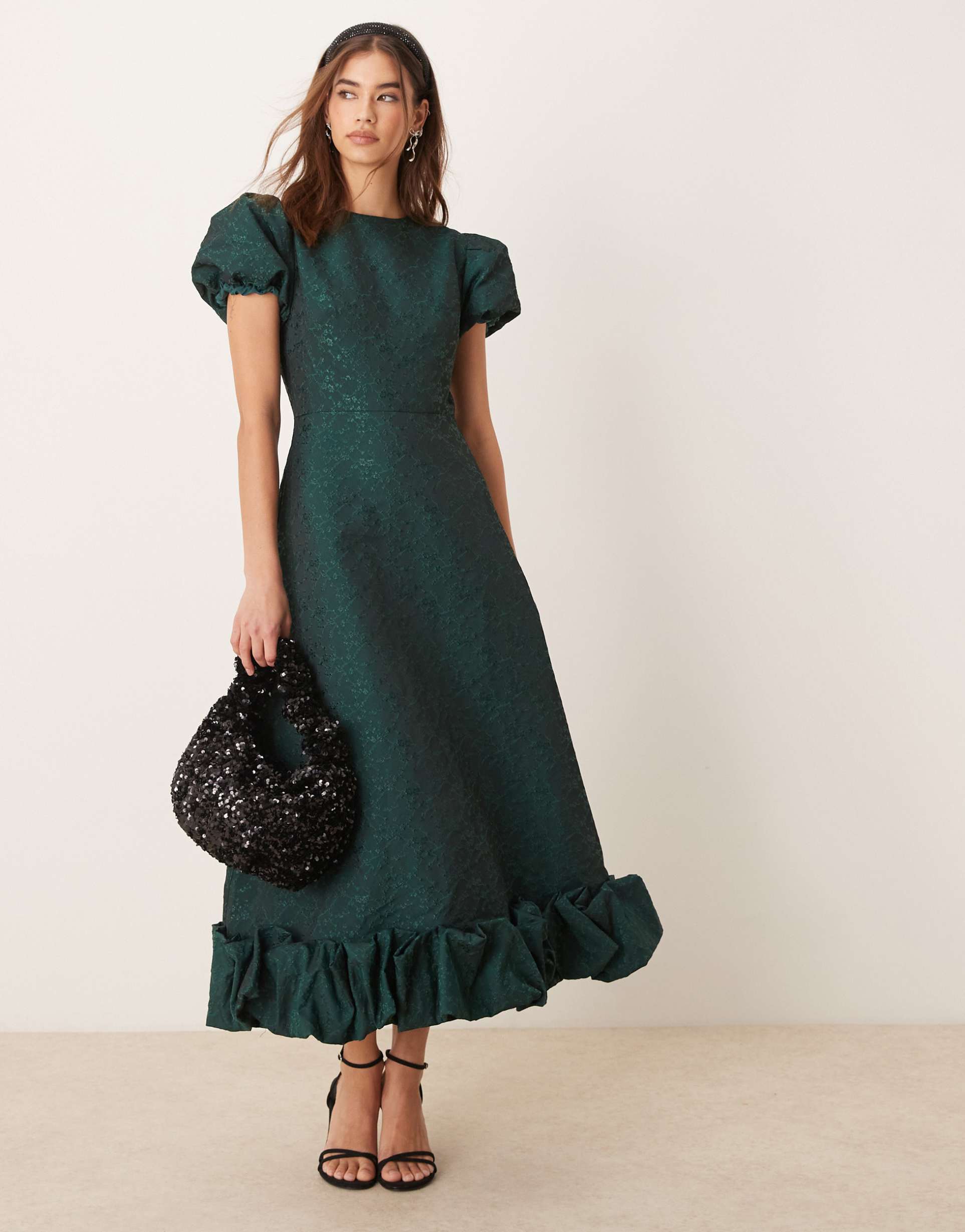 sister jane exclusive puff sleeve bubble hem midaxi dress in forest green