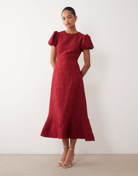 Sister Jane Exklusives Jacquard-Midikleid mit Puffärmeln und strukturiertem Saum in Burgunderrot - view 1