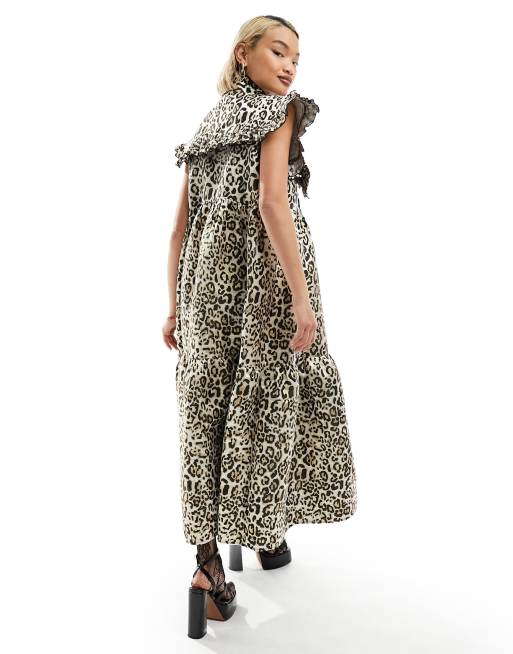 Sister Jane Fame Midi jurk met stroken in metallic luipaardprint