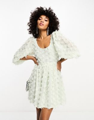 faux feather mini dress in sage green