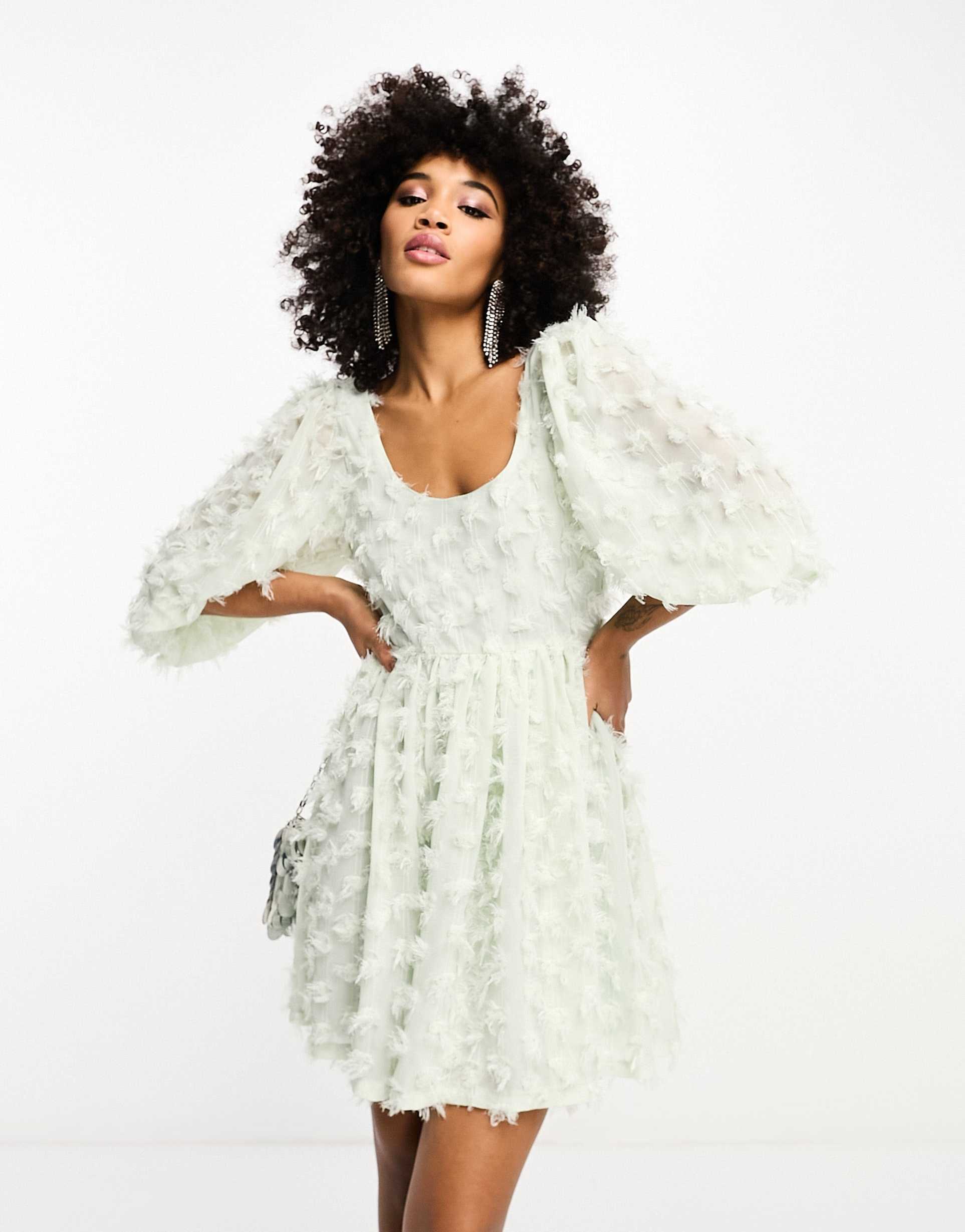 sister jane faux feather mini dress in sage green