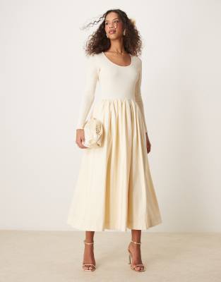 fitted midi dress with pockets in cream-White