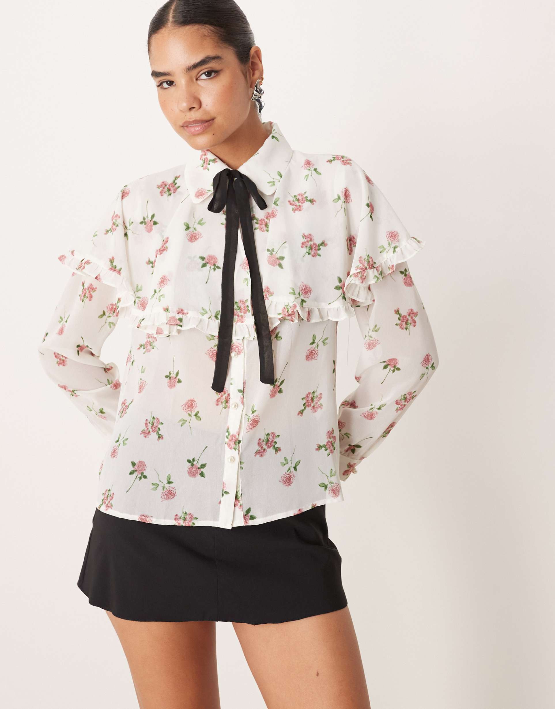 sister jane floral cape pussybow shirt in floral