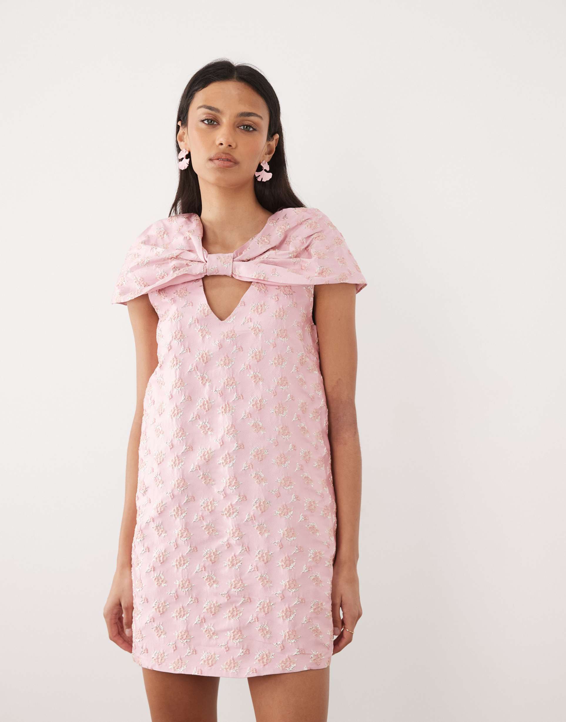 sister jane floral jacquard bow cape sleeve mini dress in pink