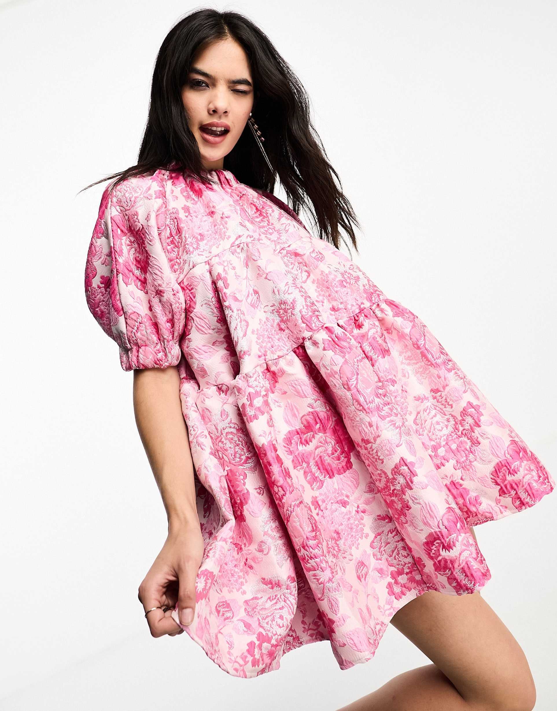 sister jane floral jacquard mini dress in pink rose