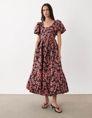 Sister Jane Floral Jacquard Puff Sleeve Midi Dress In Black
