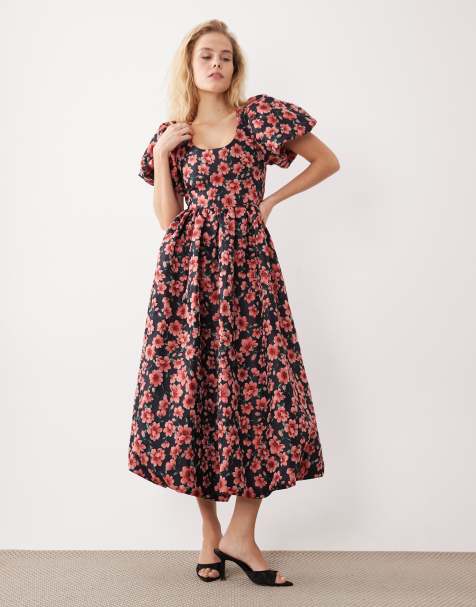 Sister Jane floral jacquard puff sleeve midi dress in navy and red - view 1