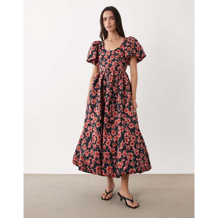 Sister Jane floral jacquard puff sleeve midi dress in navy and red | ASOS
