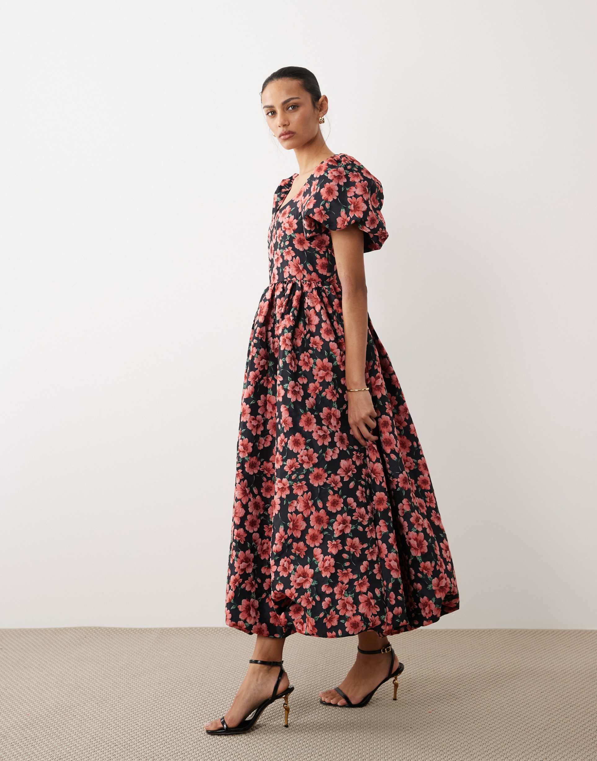 sister jane floral jacquard puff sleeve midi dress in navy and red