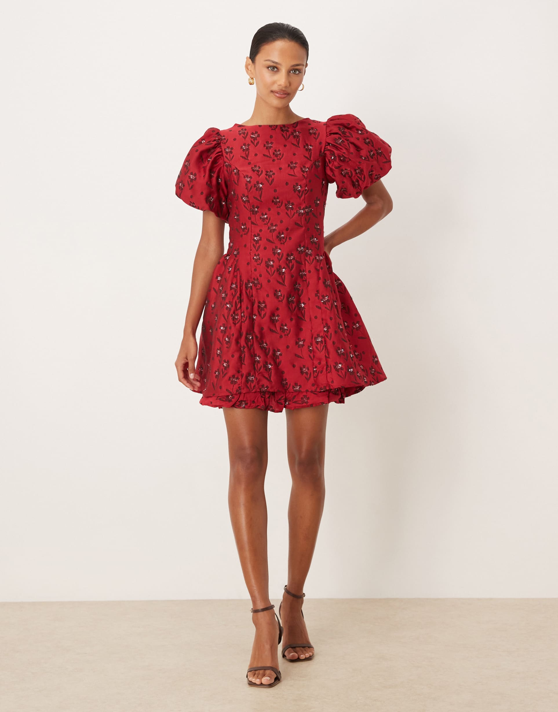 sister jane floral jacquard puff sleeve mini dress in wine