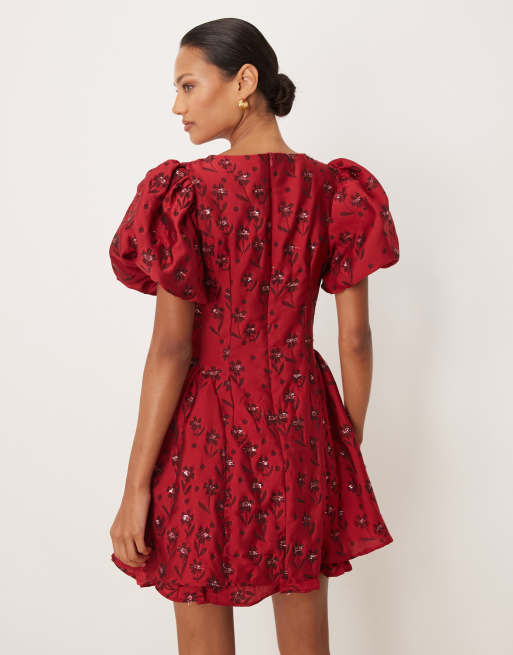 Sister Jane floral jacquard puff sleeve mini dress in wine | ASOS