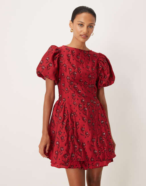 Sister Jane floral jacquard puff sleeve mini dress in wine | ASOS