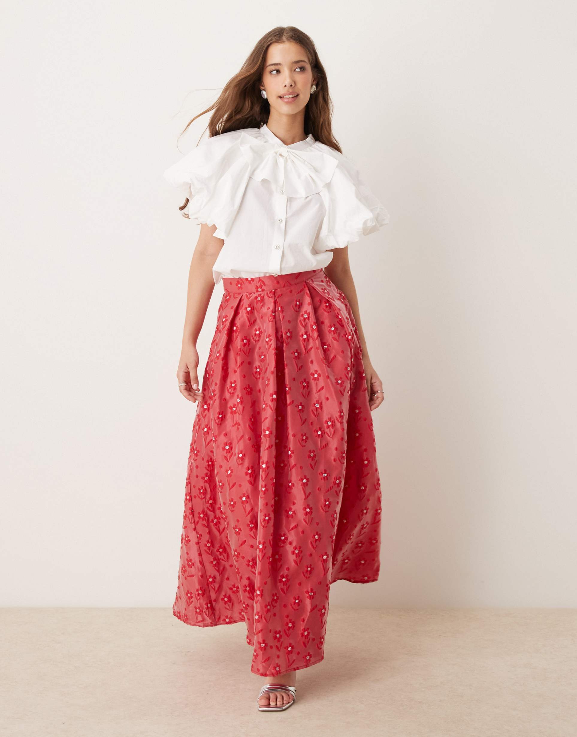 sister jane flower embellished maxi skirt in red