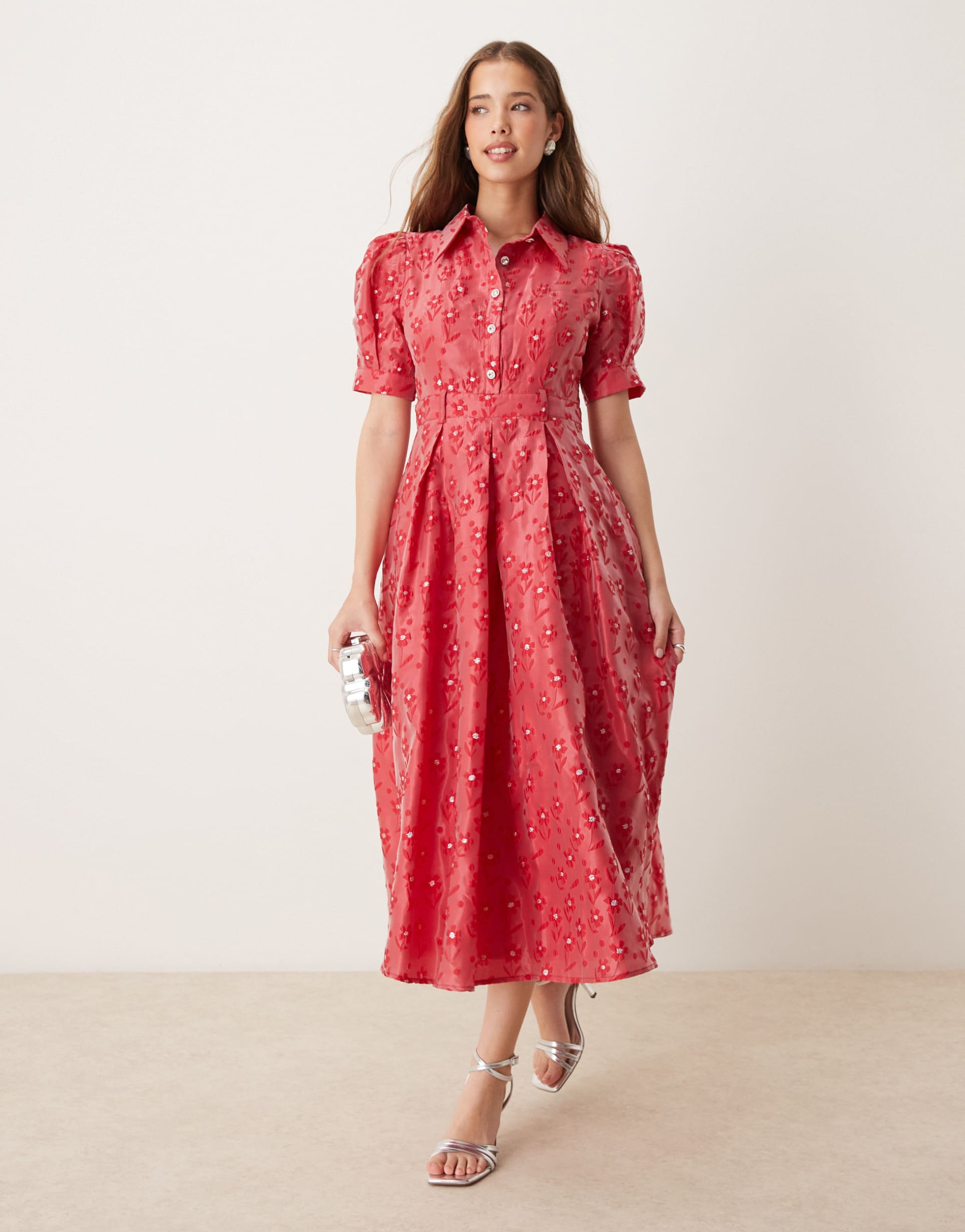 sister jane flower embellished shirt midaxi dress in red