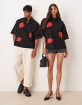 [Sister Jane Mens] Sister Jane flower embroidered boxy shirt in black M Plus Black & Red