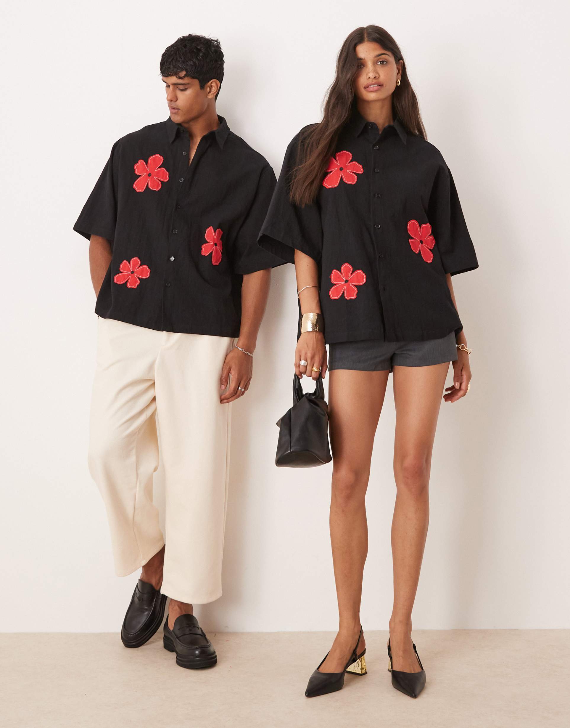 sister jane flower embroidered boxy shirt in black