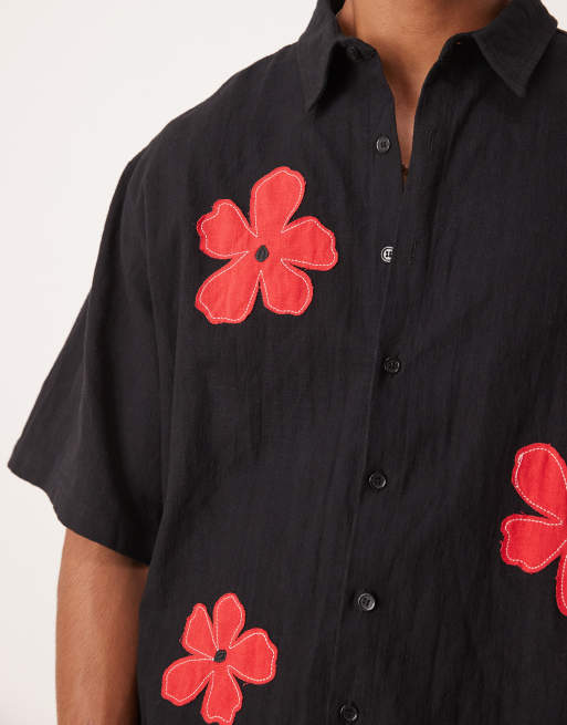 Sister Jane flower embroidered boxy shirt in black, 3 of 4
