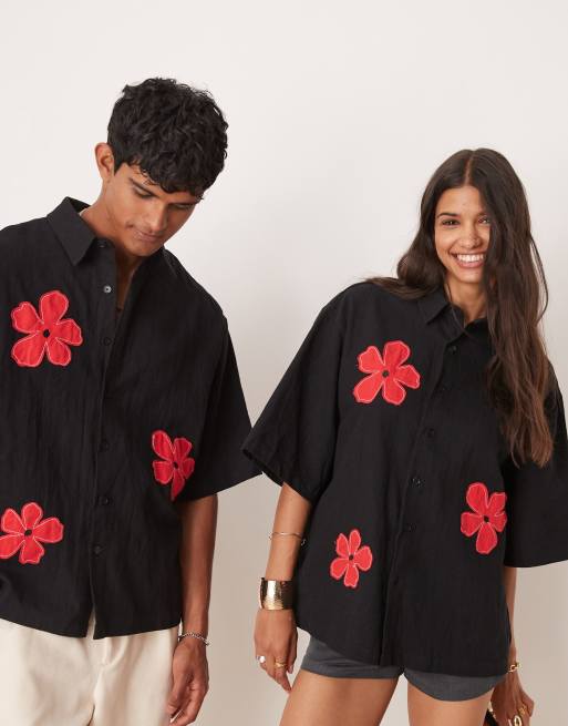 Sister Jane flower embroidered boxy shirt in black, 4 of 4