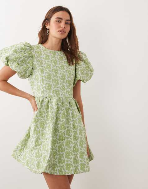 Sister Jane Freja jacquard round neck puff sleeve mini dress in light green floral - view 1