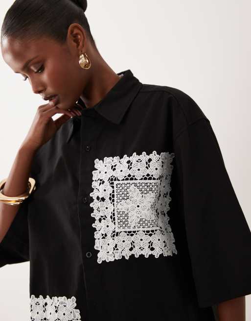 Sister Jane - Galene - Camicia unisex a maniche corte nera con finiture all'uncinetto, 3 di 4