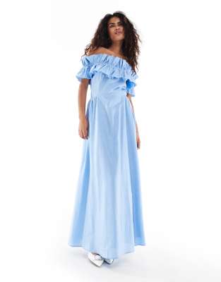 Sister Jane Gathered Bardot Maxi Dress In Blue