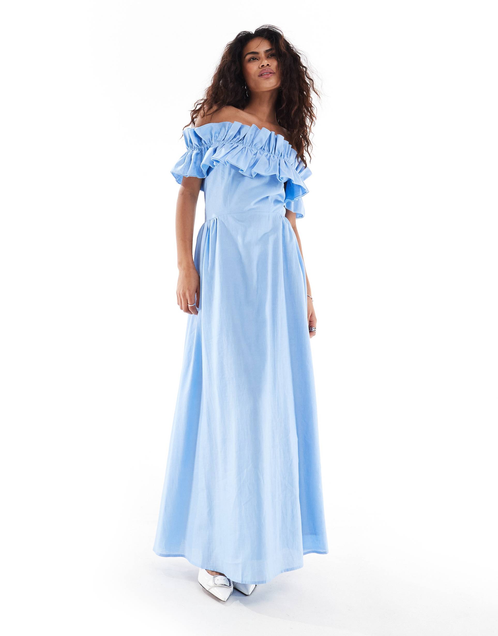 sister jane gathered bardot maxi dress in blue