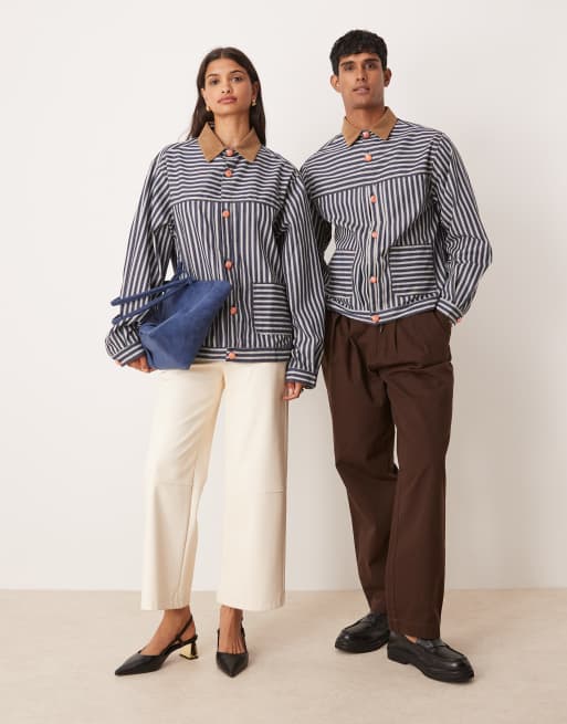 Sister Jane - Giacca unisex blu navy a righe con colletto a contrasto, 2 di 4