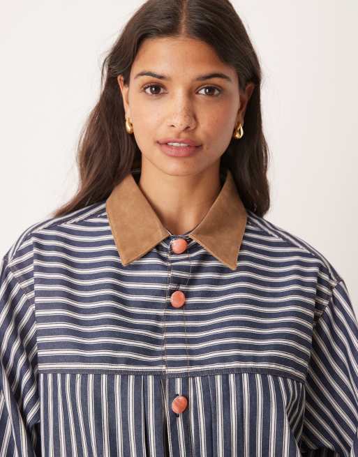 Sister Jane - Giacca unisex blu navy a righe con colletto a contrasto, 3 di 4