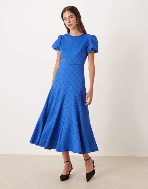 Sister Jane godet bow jacquard midi dress in colbalt blue