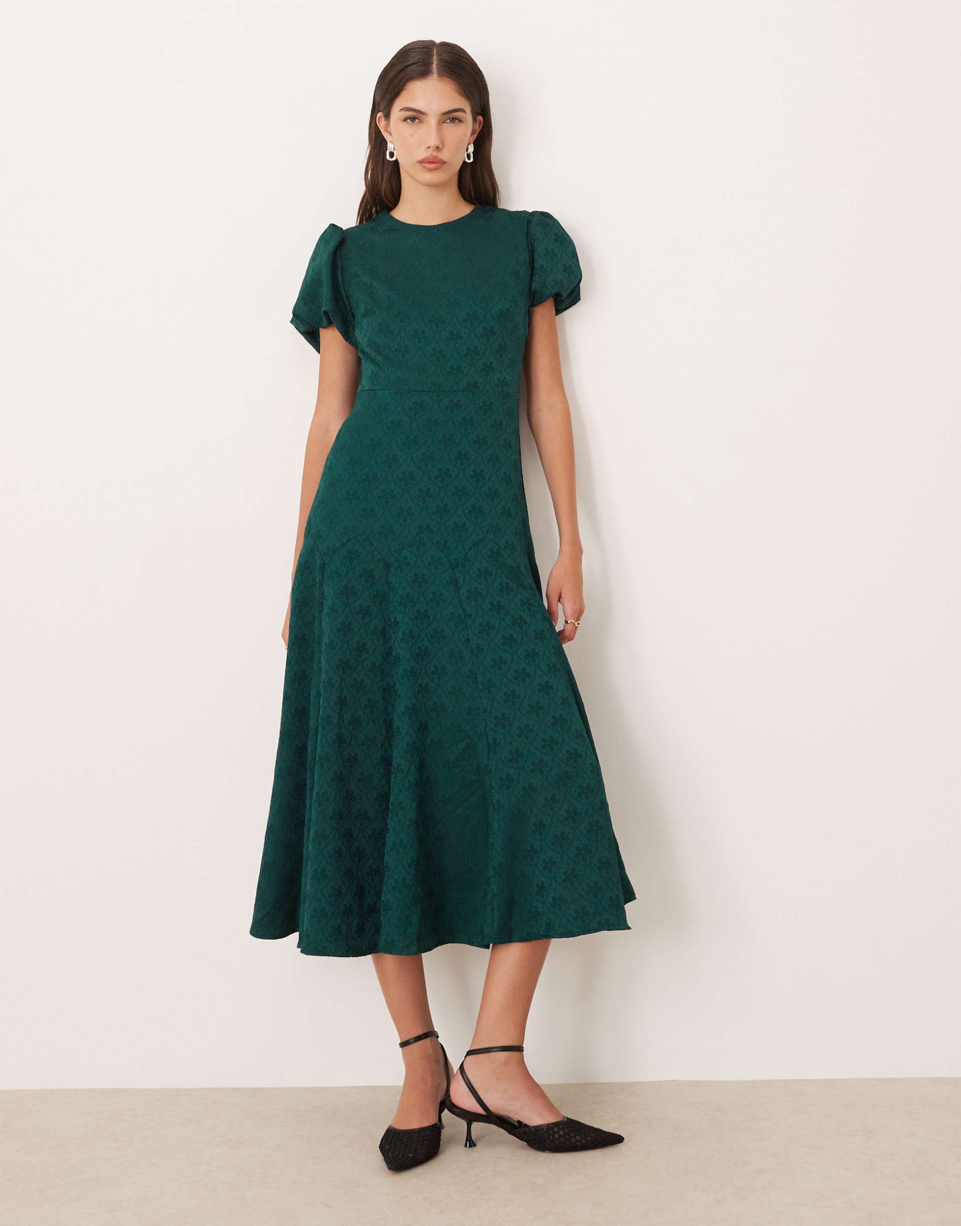 sister jane godet jacquard midi dress in emerald green