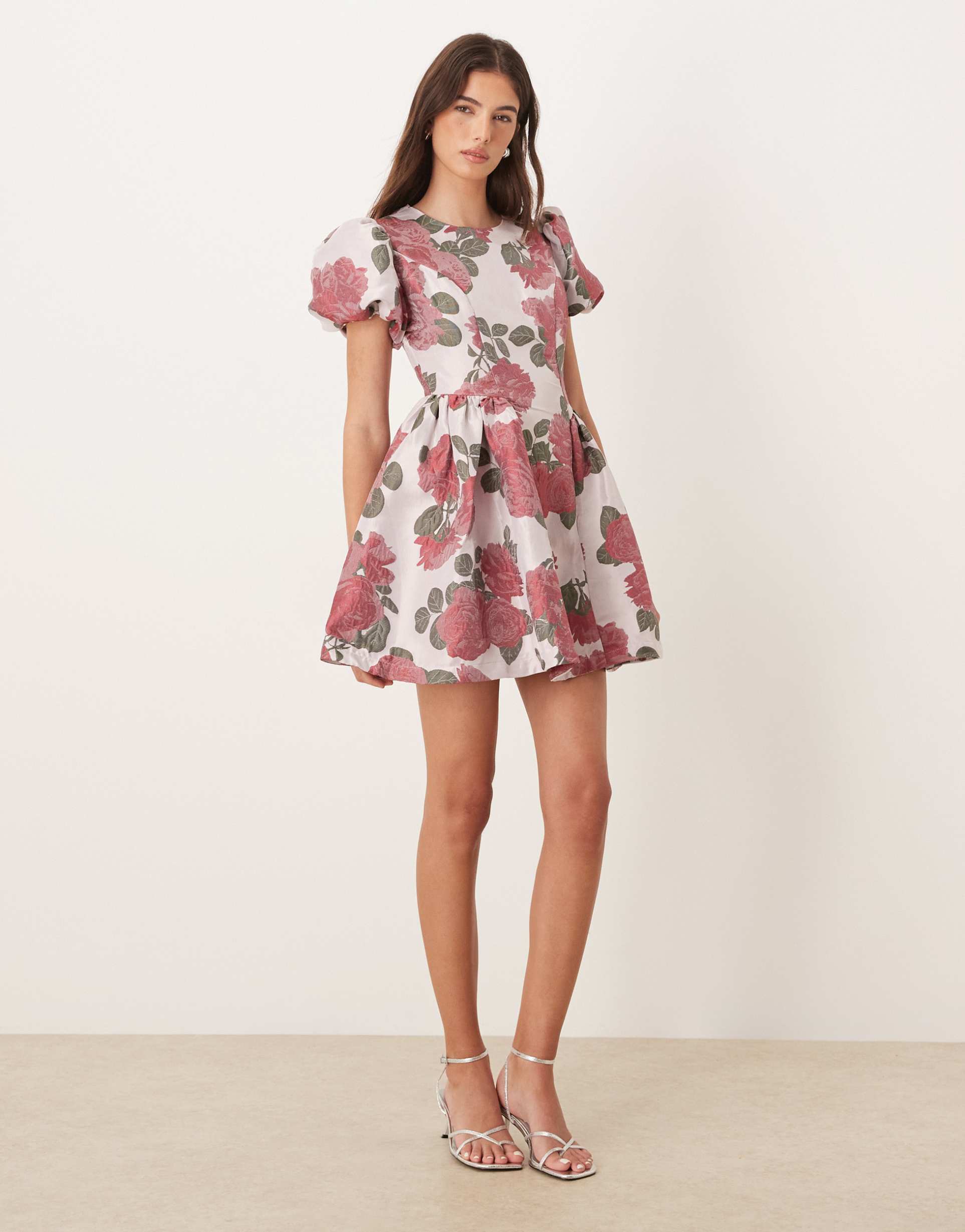 sister jane good days jacquard puff sleeve mini dress in pink floral
