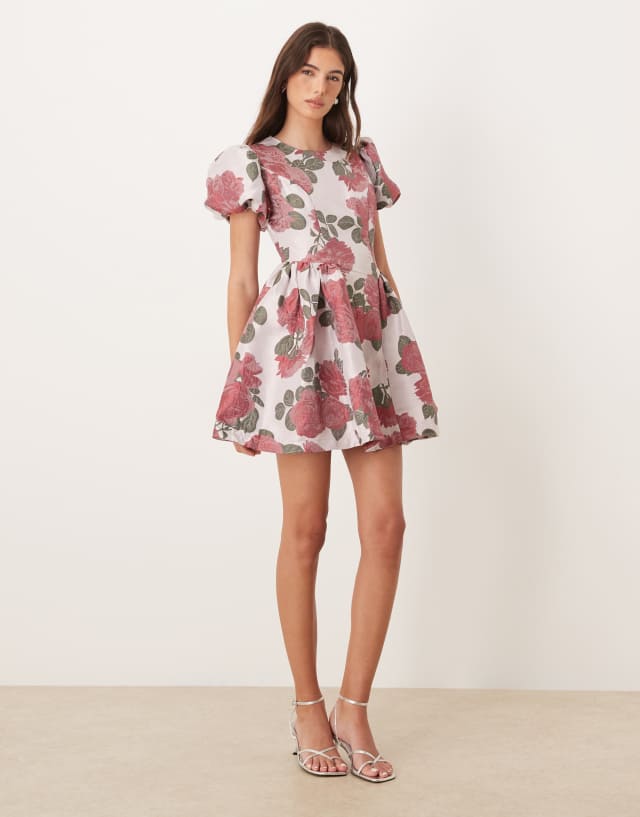 Sister Jane Good Days jacquard puff sleeve mini dress in pink