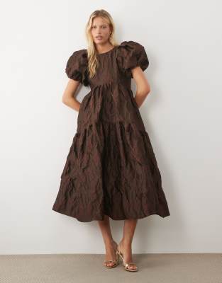 Sister Jane Harmonia Exclusive Jacquard Puff Sleeve Midi Dress In Brown