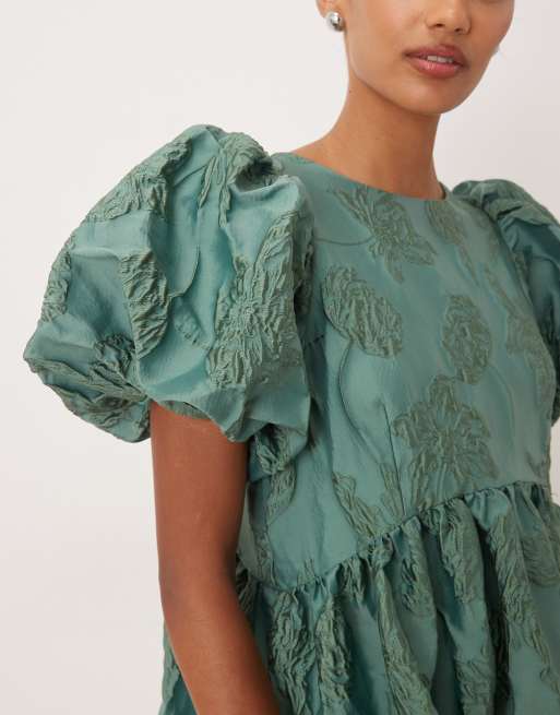 Sister Jane – Harmonia – Grön midiklänning i jacquard med puffärmar, 3 av 4