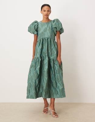 Sister Jane Harmonia Jacquard Puff Sleeve Midi Dress In Green