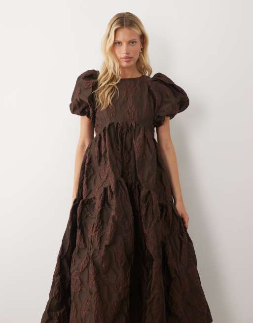 Sister Jane - Harmonia - Robe mi-longue en jacquard à manches bouffantes - Chocolat, 2 de 4