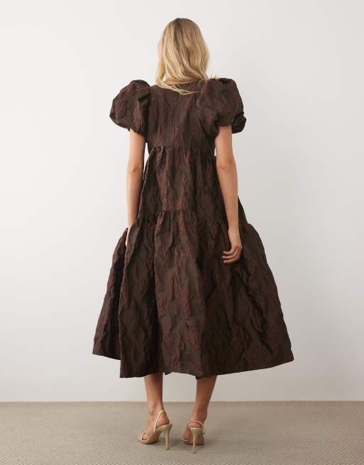 Sister Jane - Harmonia - Robe mi-longue en jacquard à manches bouffantes - Chocolat, 4 de 4